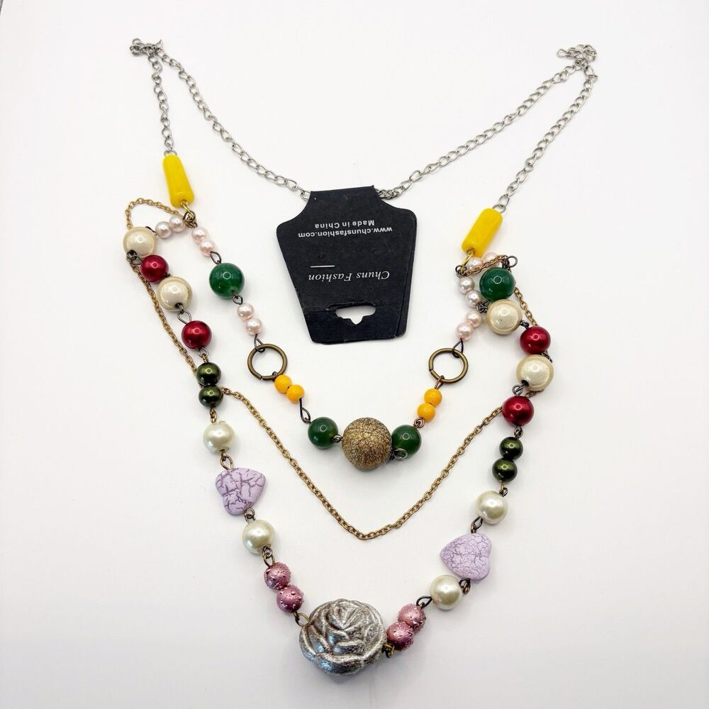 Layered Beaded Necklace Costume Jewelry 26-30 Inch Hearts Flowers Gold Tone